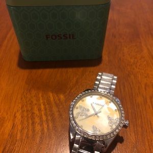 Fossil silver and yellow butterfly watch